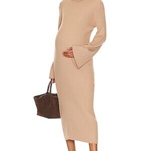 Beige Ribbed Long Sleeve Maternity Knit Dress
